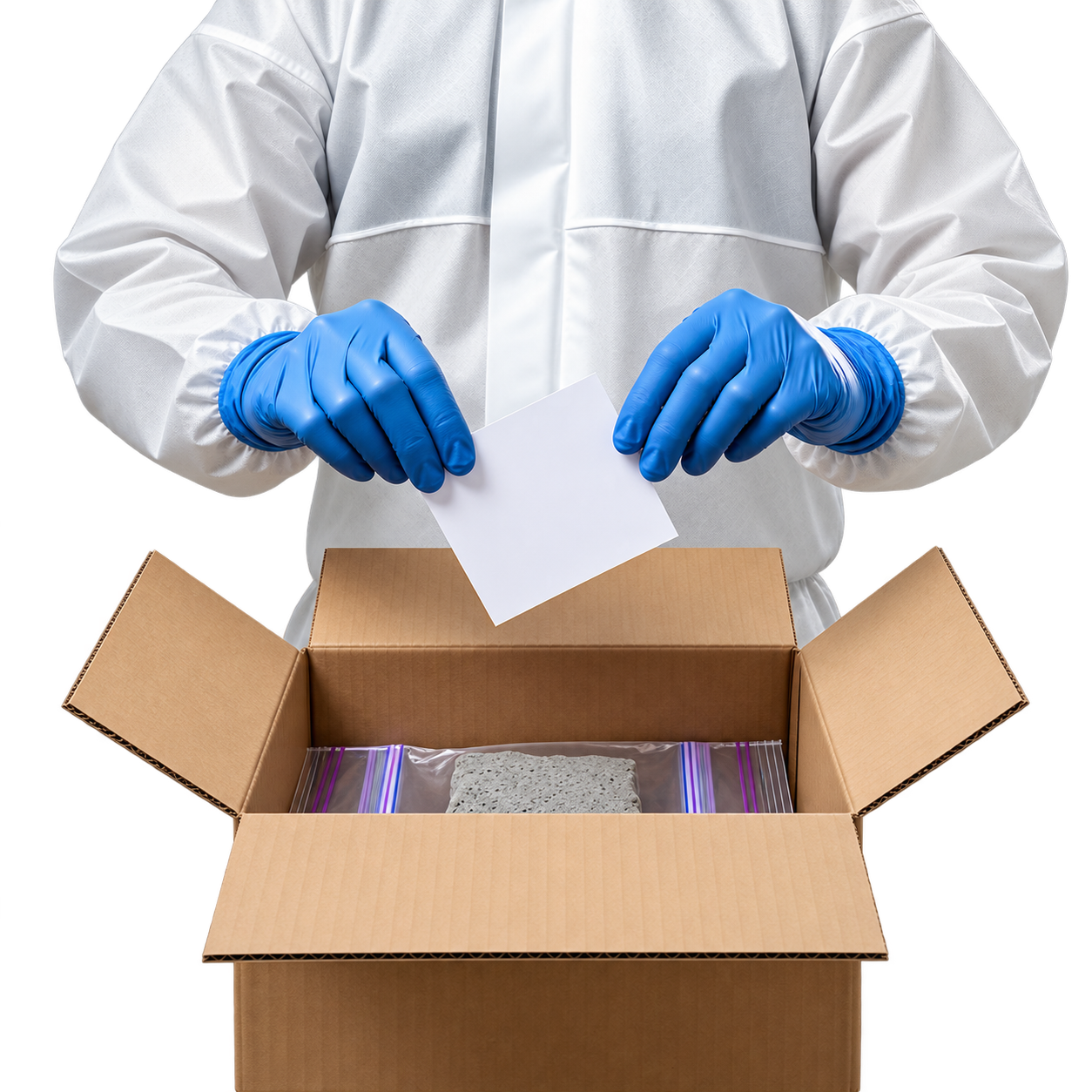 Man placing an asbestos information slip in to a package before sending to a laboratory.