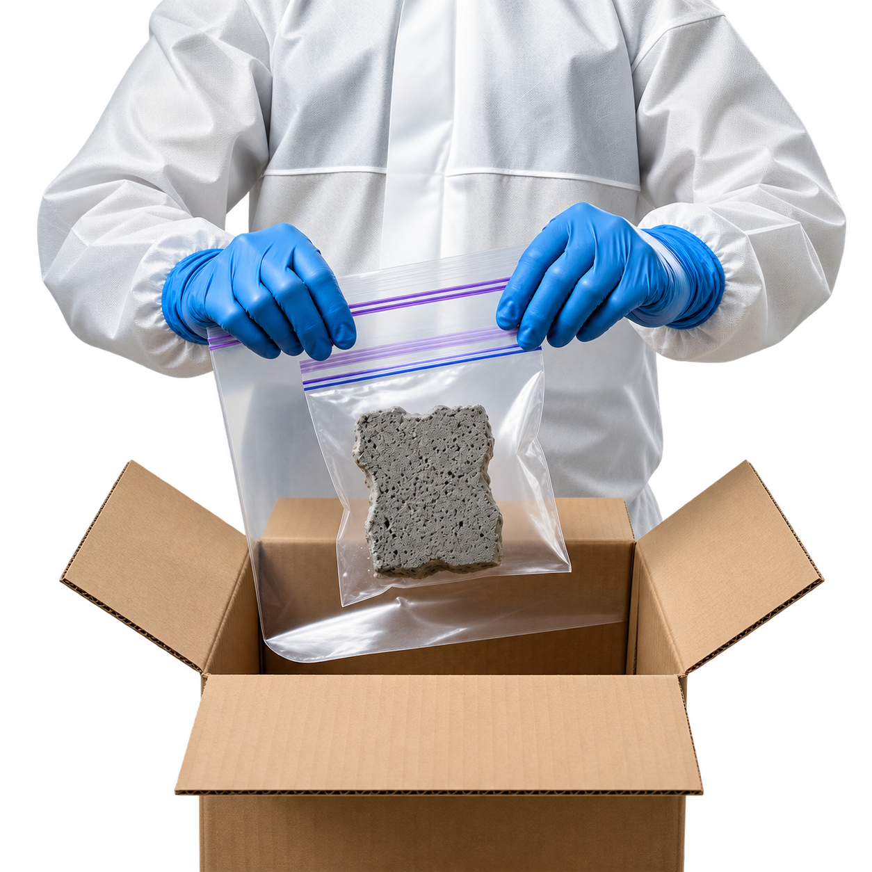 Asbestos sample being double-bagged for safety prior to transport.