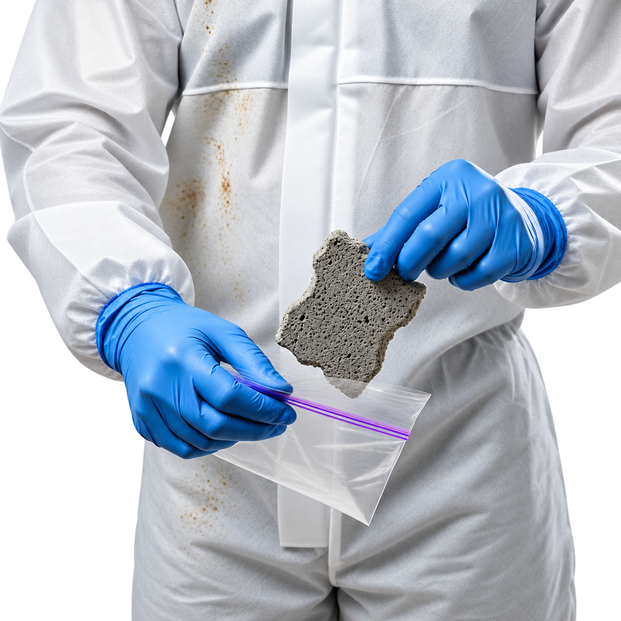 Man placing asbestos sample in to sample bag.