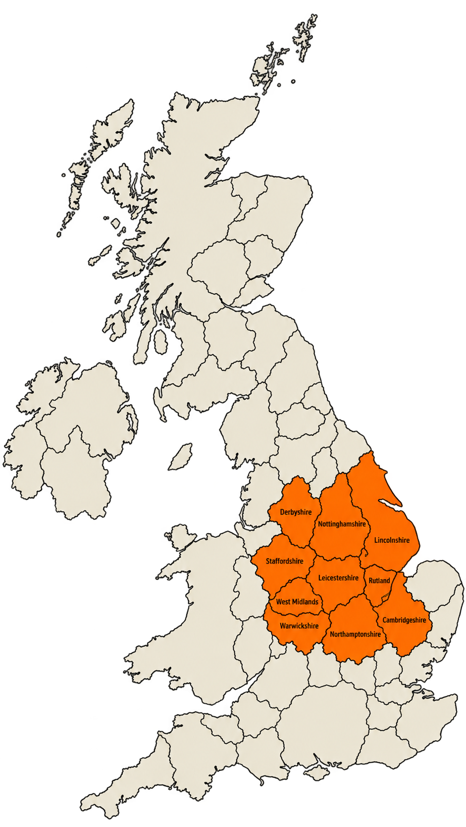 Map showing coverage area of Fortress Asbestos Surveys. Coverage includes Leicestershire, Rutland, Nottinghamshire, Derbyshire, Lincolnshire, Staffordshire, West Midlands, Warwickshire, Northamptonshire and Cambridgeshire.