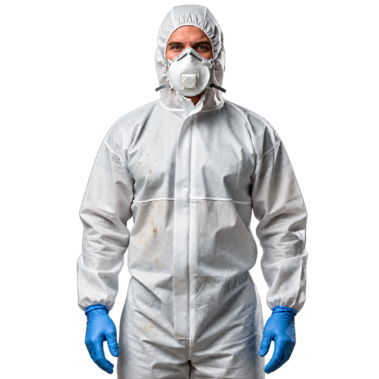 Man wearing white coveralls and a face mask in preparation for sampling asbestos materials.